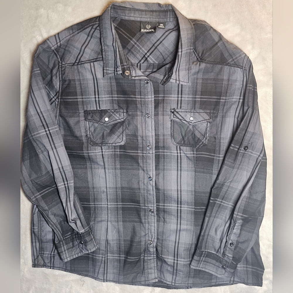 Burnside Men's Snap Button Up shirt 3XL Dark Plaid Long sleeve.‎